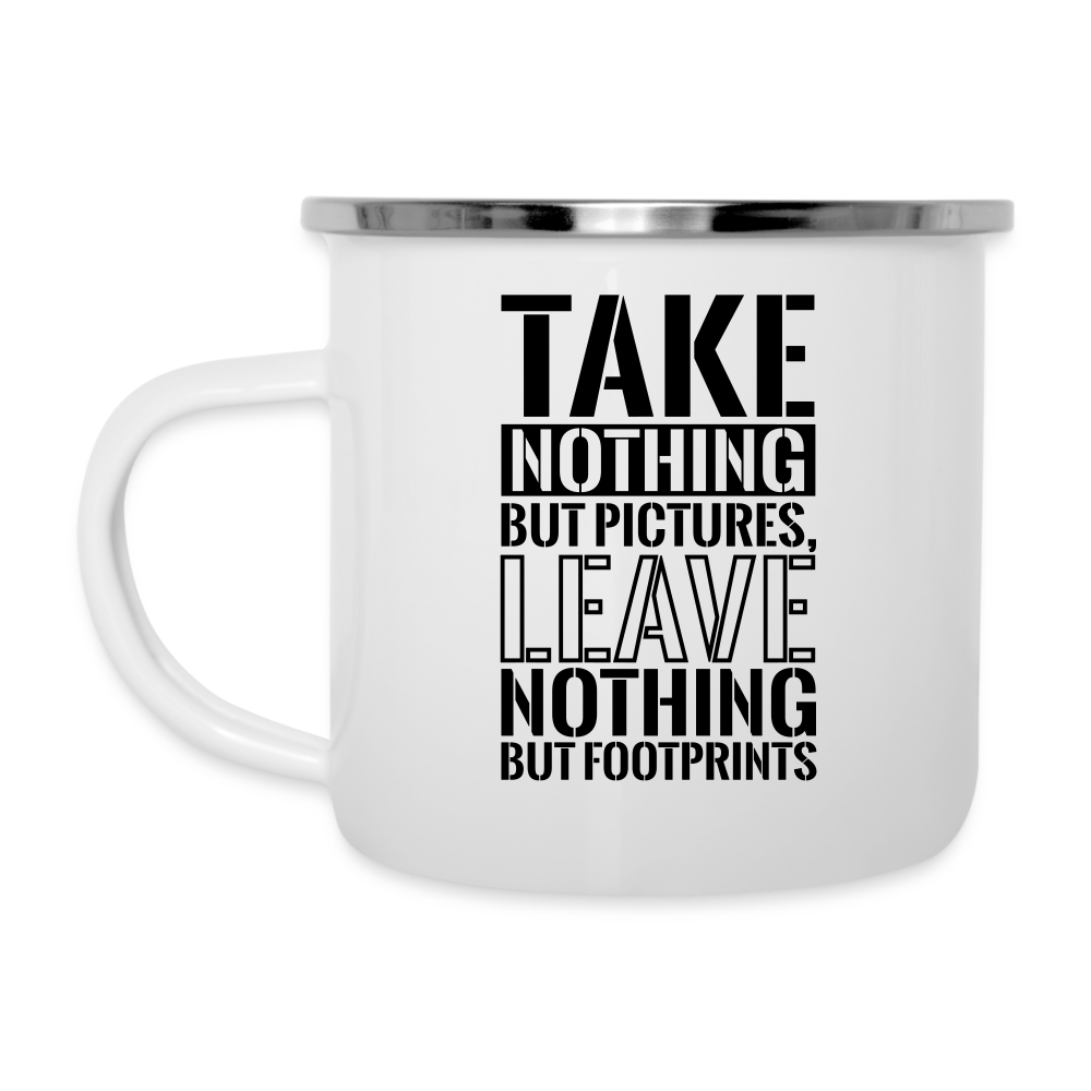 Emaille-Tasse "Take nothing but pictures, leave nothing but footprints" - weiß
